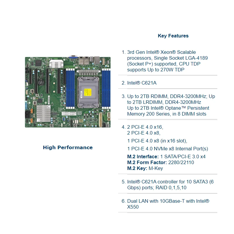 X12SPI-TF For Supermicro Single-way Server Motherboard C621A Chip 4189-pin VROC Dual 10 Gigabit Network Port