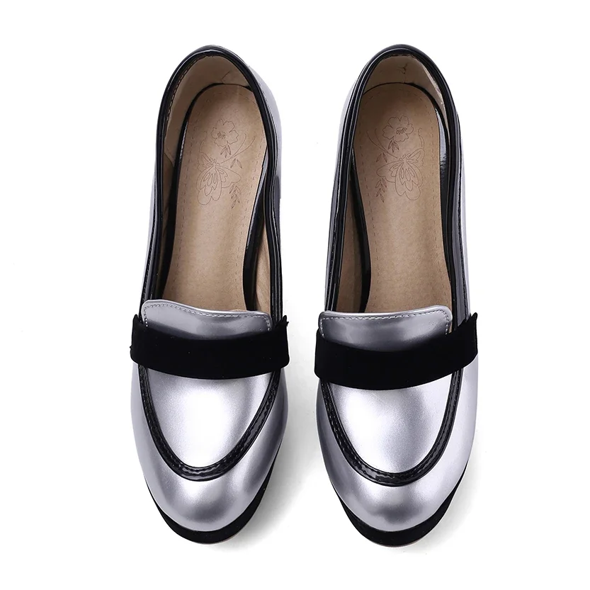 Red Gold Women Platform Loafers Patent Leather High Chunky Heel Spring Fall Party Office Lady Slip On Belt Round Toe Dress Pumps view 2
