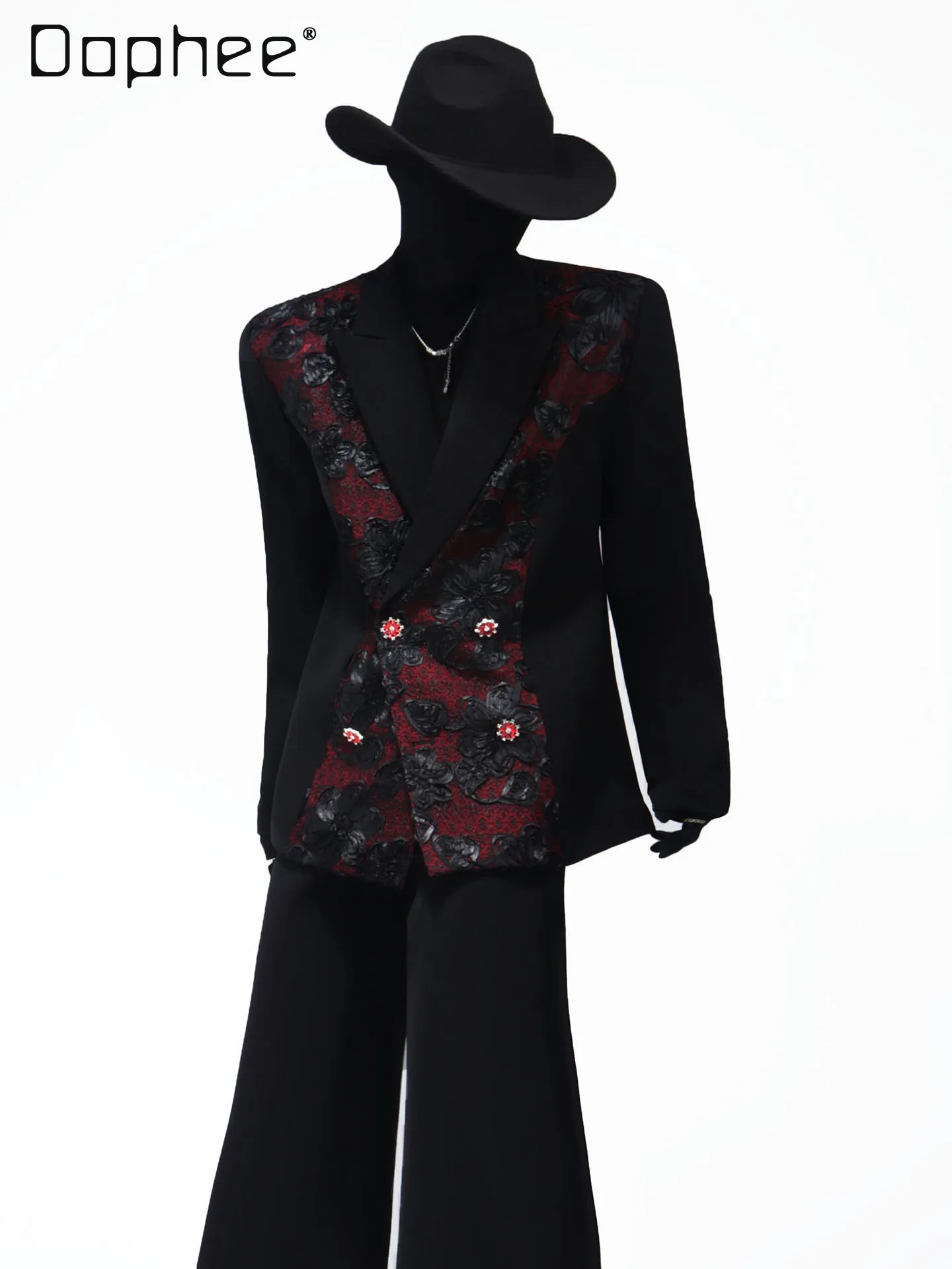 

2025 Spring and Autumn New Men's High-end Rose Embroidery Design Banquet Host Blazer Black Slim Fit Suit Pants