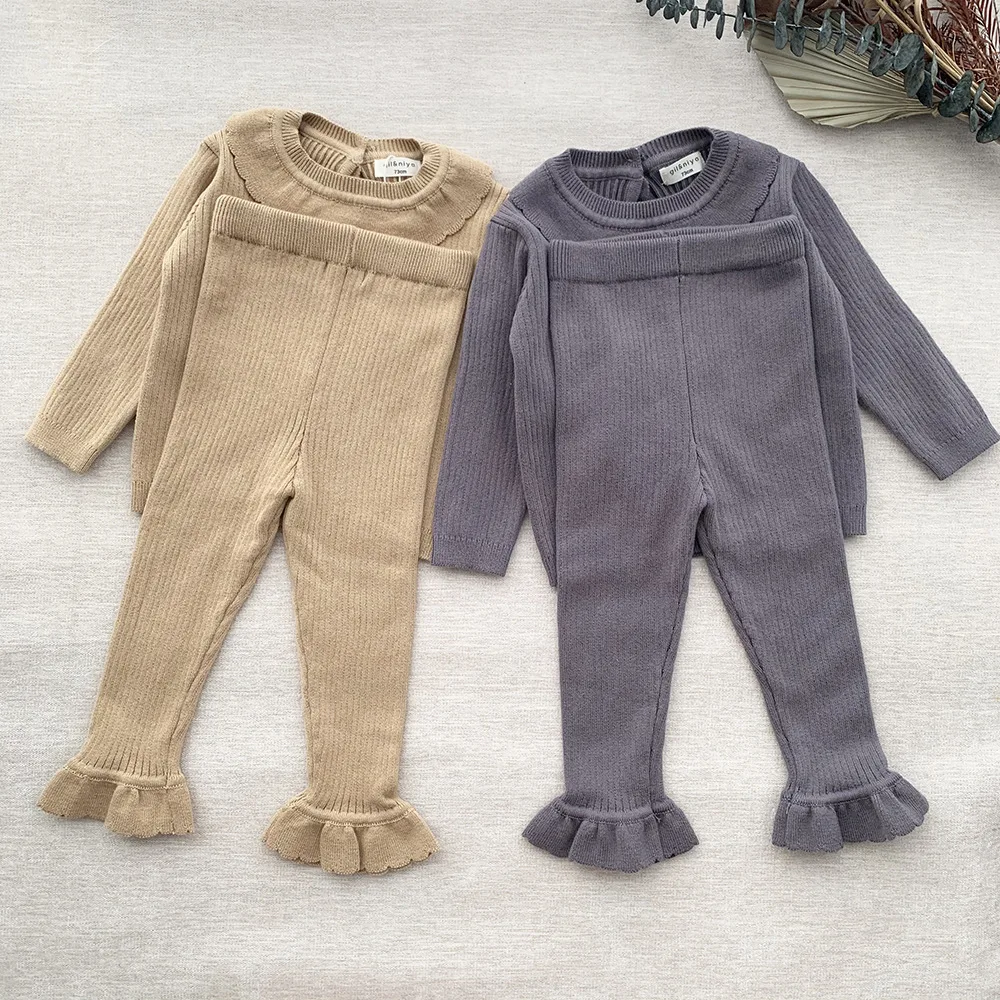 Korean Style Autumn Toddlers Girls Knitted Outfits Ruffles Tops Flared Pants 2pcs Baby Kids Elastic Warm Sets