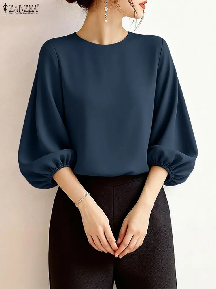 ZANZEA レディース エレガント 七分袖 ランタンスリーブ オフィスブラウス 2026 春夏ブラウス おしゃれ 無地 OL ワークシャツ カジュアル Oネック トップス