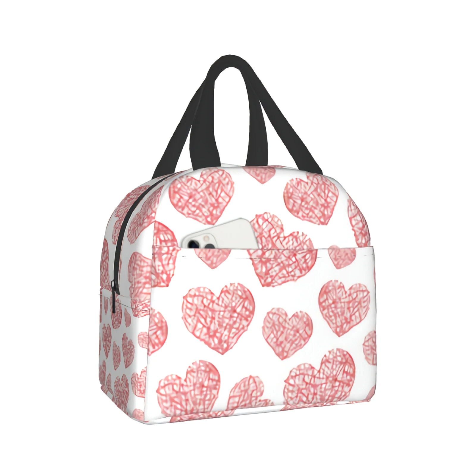 Reusable Insulated Lunch Bag for Women Men Leakproof Cooler Tote Bag Red Love Heart Freezable Lunch Box for Work Picnic Beach