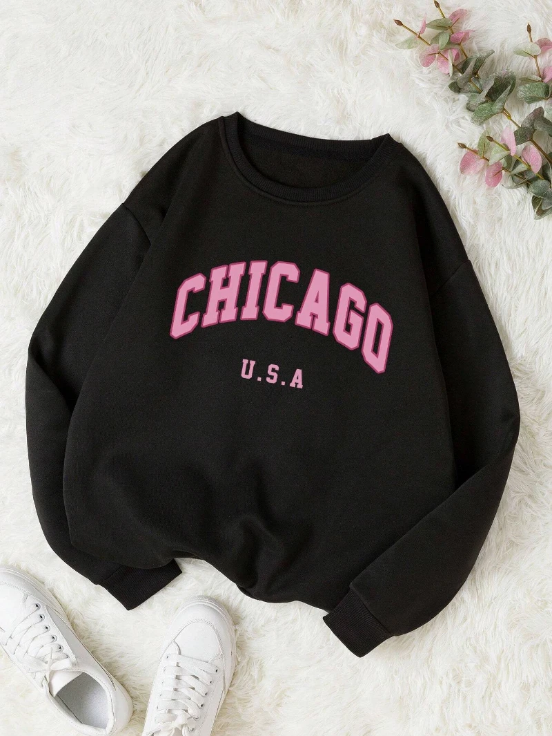 Casualowe bluzy damskie Chicago USA nadrukowane litery swetry moda Crewneck obszerna bluza z kapturem polarowa ciepła damska odzież jesienna