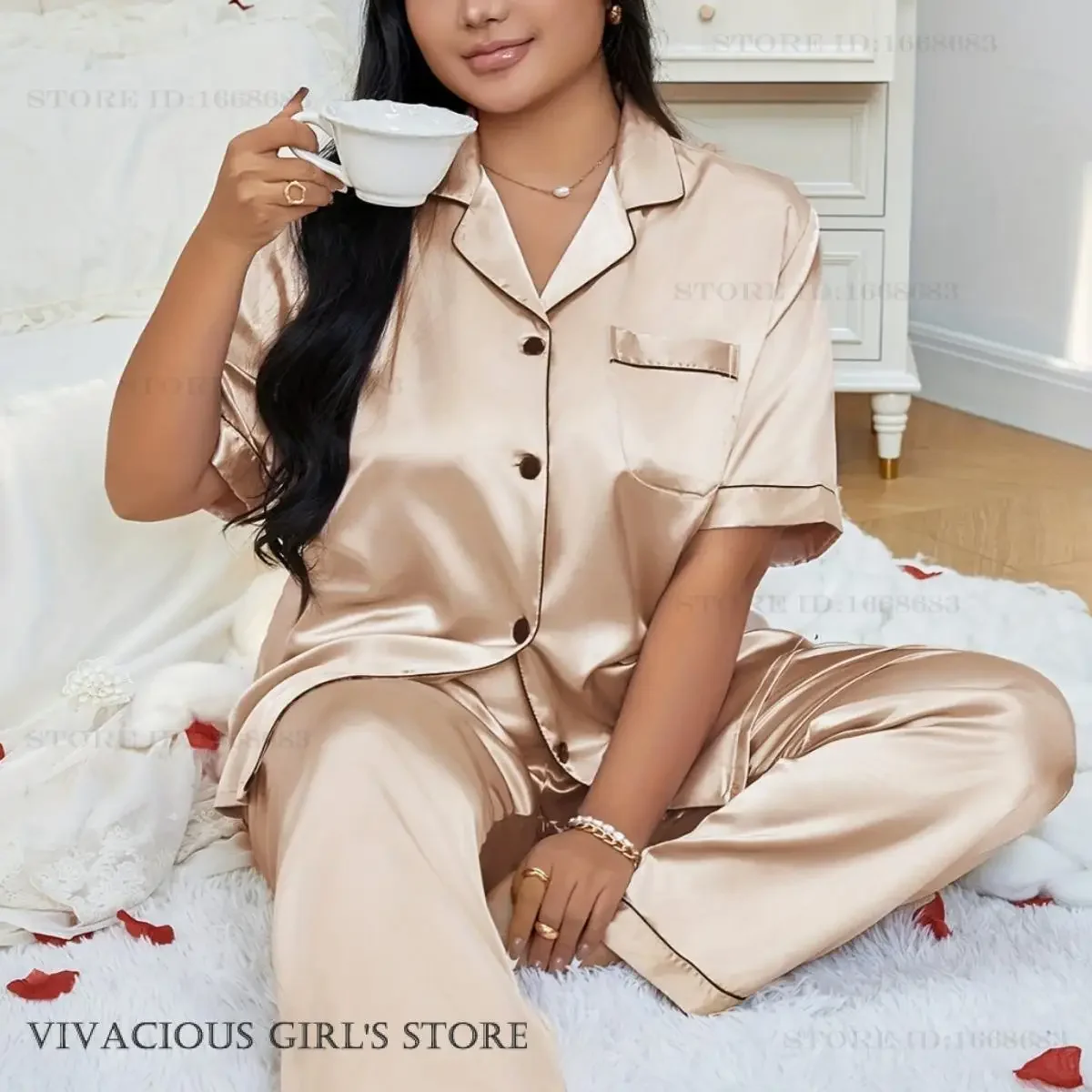 

Large Size Female Pajamas Set 2 PCS Shirt&Pant Homewear Spring Summer Short Sleeve Trouser Suits Loose Casual Pyjama Loungewear