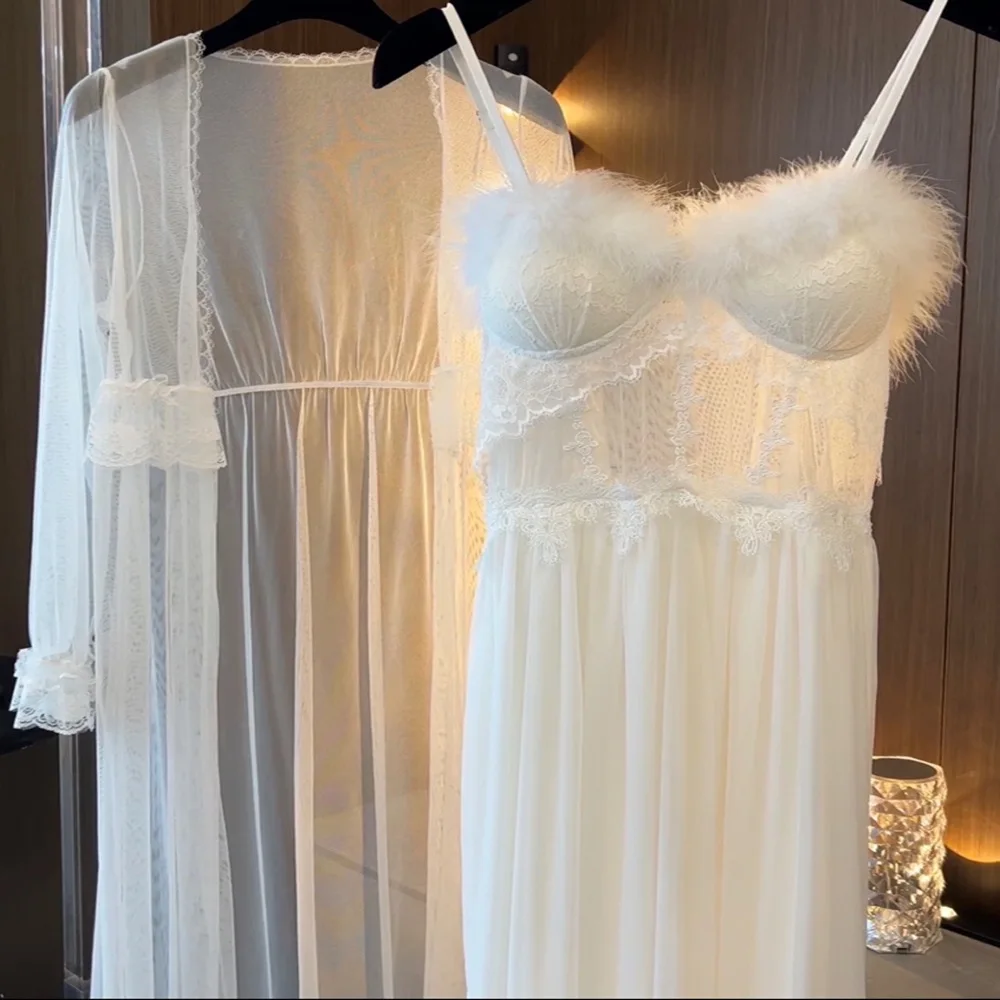 

Sexy Patchwork Lace Twinset Robe Set Nightgown Spring Summer Femlae Sleepwear Home Clothes Loose Ice Bathrobe Loungewear