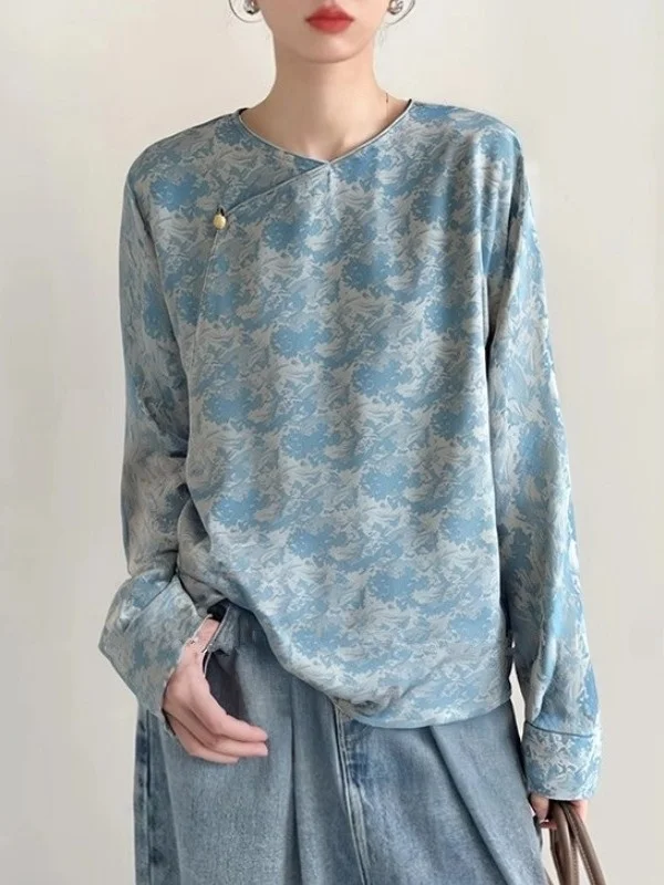 

Blue Embroidered irt Women's Spring Autumn Seasonal High-End Retro Button-Up Top Casual Sle V-Ne Long Sve Blouse