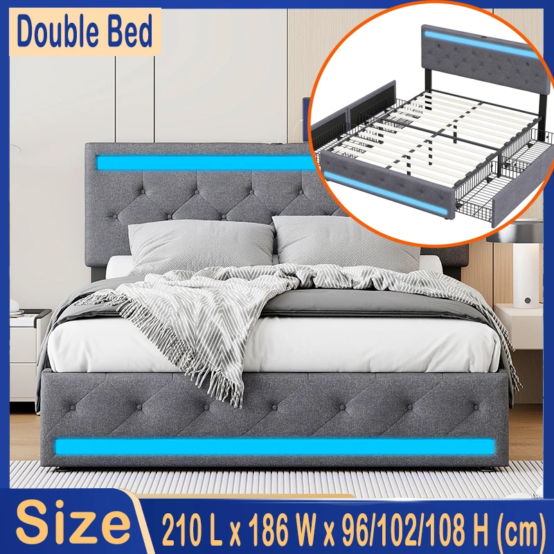 Polsterbett – Doppelbett 180 x 200 cm, tiefgrau, mit LED-Streifenbeleuchtung + USB-Ladeanschlüssen – mit 4 Schubladen