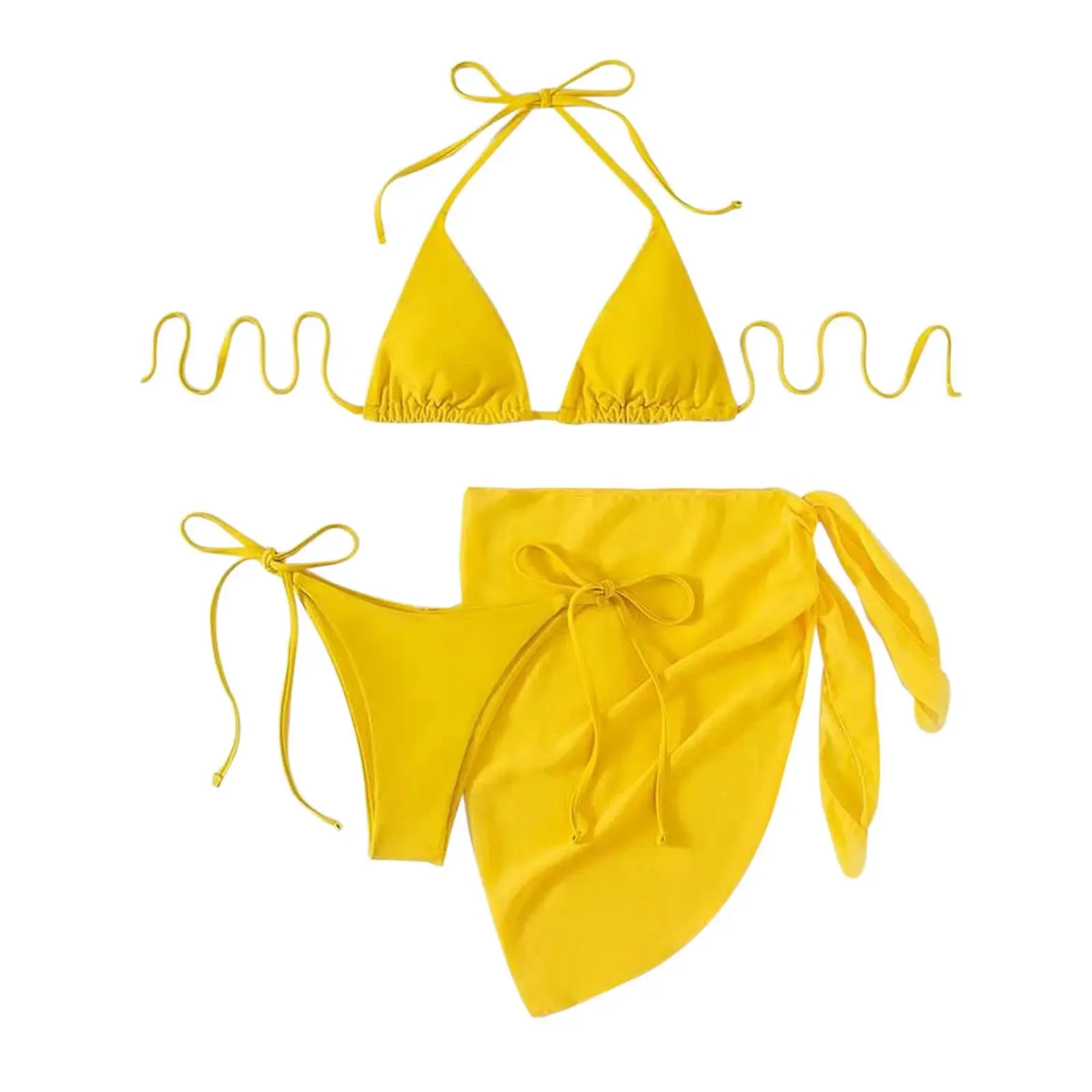 Sexy três peças conjunto de biquíni feminino verão biquíni com saia sarong cor sólida triângulo copo amarrar feminino maiô
