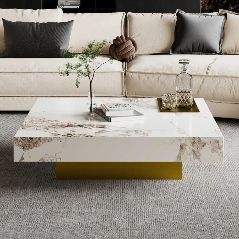 طاولة قهوة حديثة لغرفة المعيشة، طاولة غرفة معيشة مربعة كبيرة 43.31 بوصة، سطح طاولة من الحجر الملبد مع أرجل من الفولاذ المقاوم للصدأ باللون الذهبي