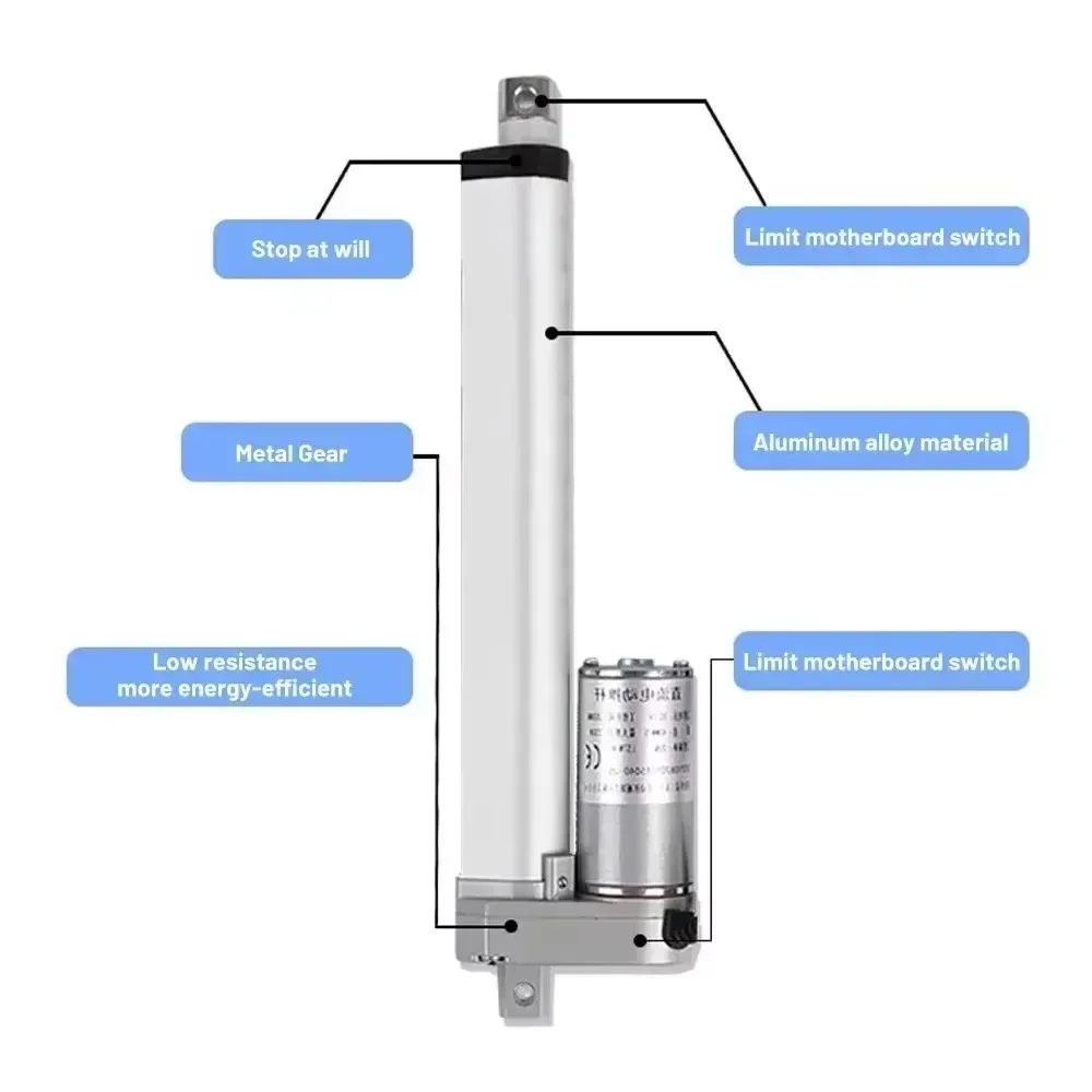 Actuador lineal de alta resistencia 2500N 12/24V CC, carrera ajustable HA-A2 50-1000mm, resistente al agua IP54 con soportes duales y conector T2