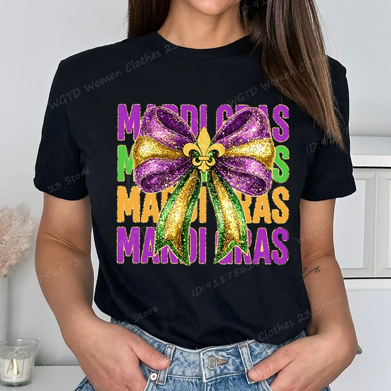 Bow Mardi Gras Print T-shirts For Women Summer Lovely Short Sleeve Casual Round Neck Tee Shirt Ladies Creative Personalized Tops