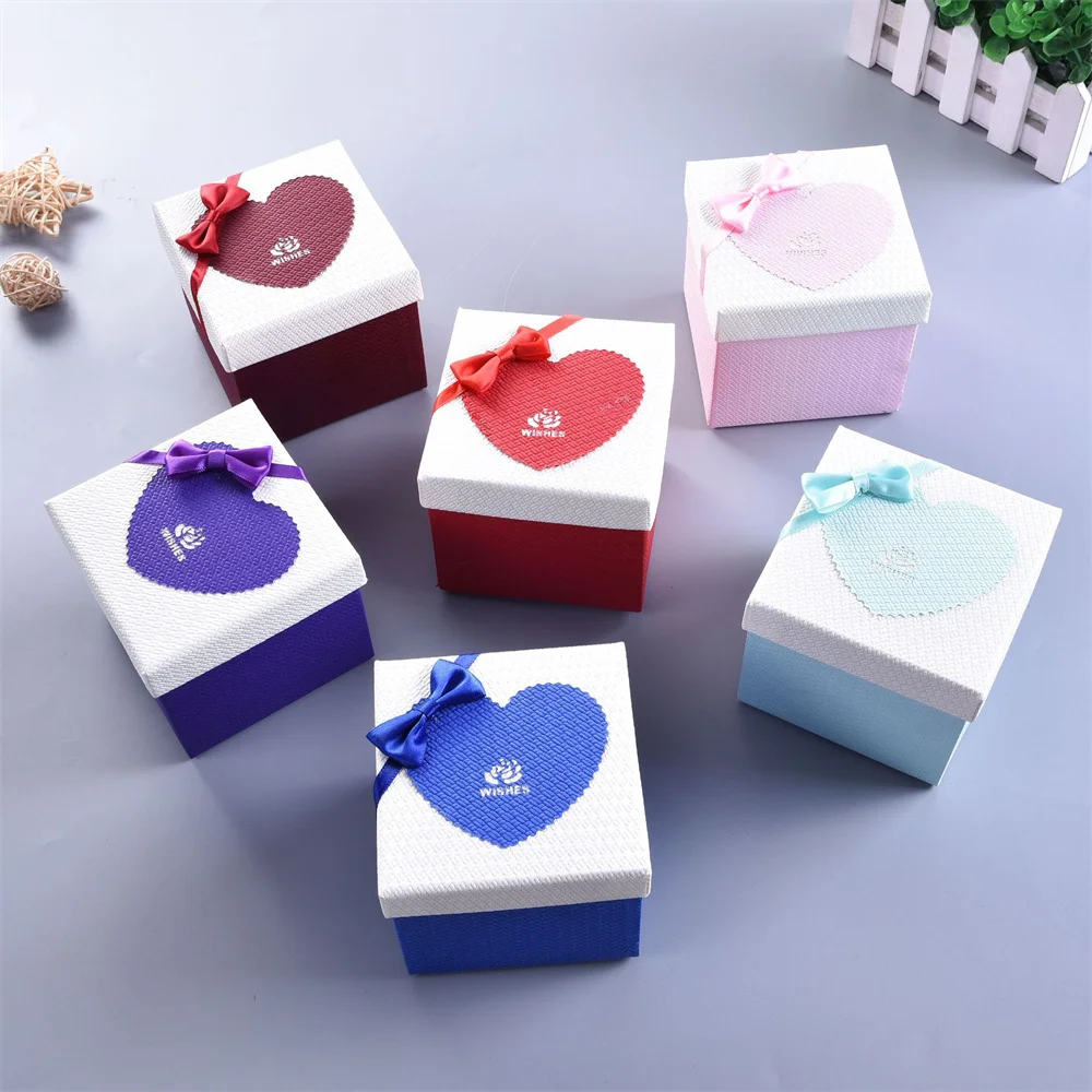 Love Heart Pattern Gift Packaging Box With Bow Jewellery Box Fashion Bow Ribbon Jewelry Boxes Ring Earrings Pendant Display Case