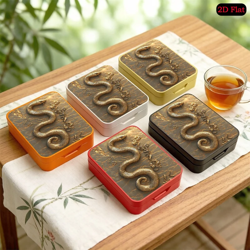Golden Snake Relief Theme Office Desktop Organizer Flip Top Metal Tin Box, UV Printed Custom Tin Box, Bookshelf Ornament