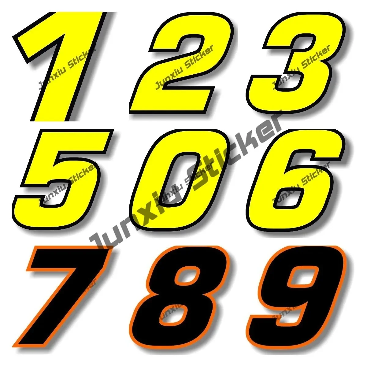 

Yellow Numbers with Black Border Stickers and Black Numbers with Orange Border Sticker Racing Number1234567890 Car Sticker