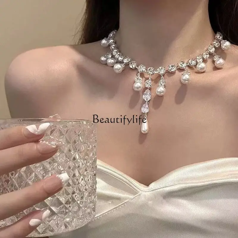 Flash diamond temperament water drop zircon diamond pearl chain French light luxury versatile dress fashion accessories