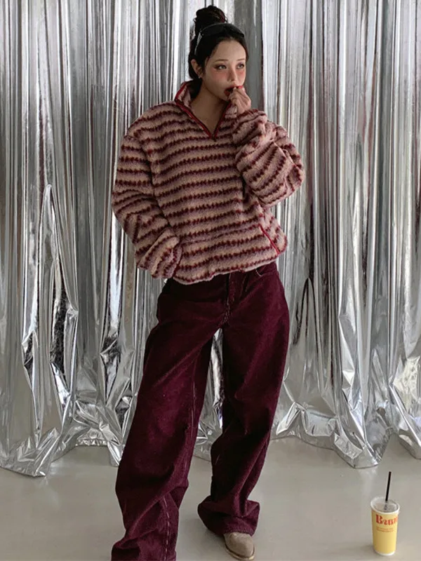 Inverno Nuovo Allentato Pigro Sle delle Donne Retro Strisce Rosse Del Collare Del Basamento di Pelliccia di Agnello Felpa Jaet Thiened Fibra di Poliestere