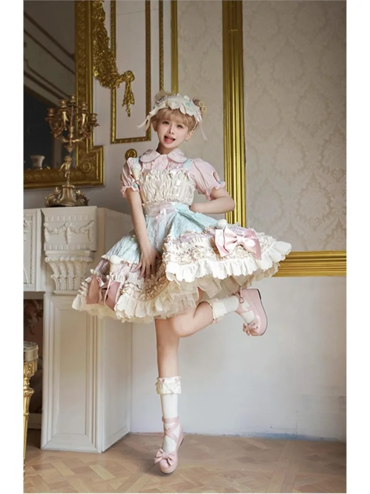 A cute and blue pink layered shirt halter suit dress