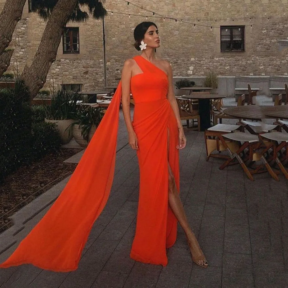 

Msikoods Orange Chiffon Long Prom Dresses One Shoulder Side Split Formal Evening Dress Women's Outfits Party Gowns