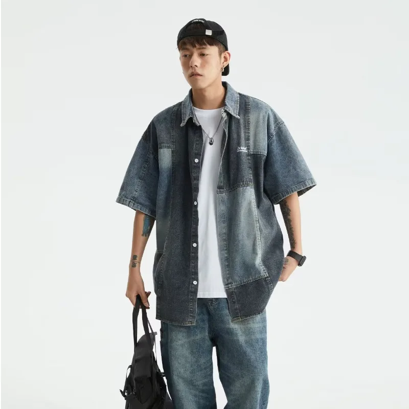 

Retro Washed Splice Denim Shirt Men's Summer Versatile Trendy Design Casual Half Sleeve Shirt Loose Fit Youth Popular Cotton ...