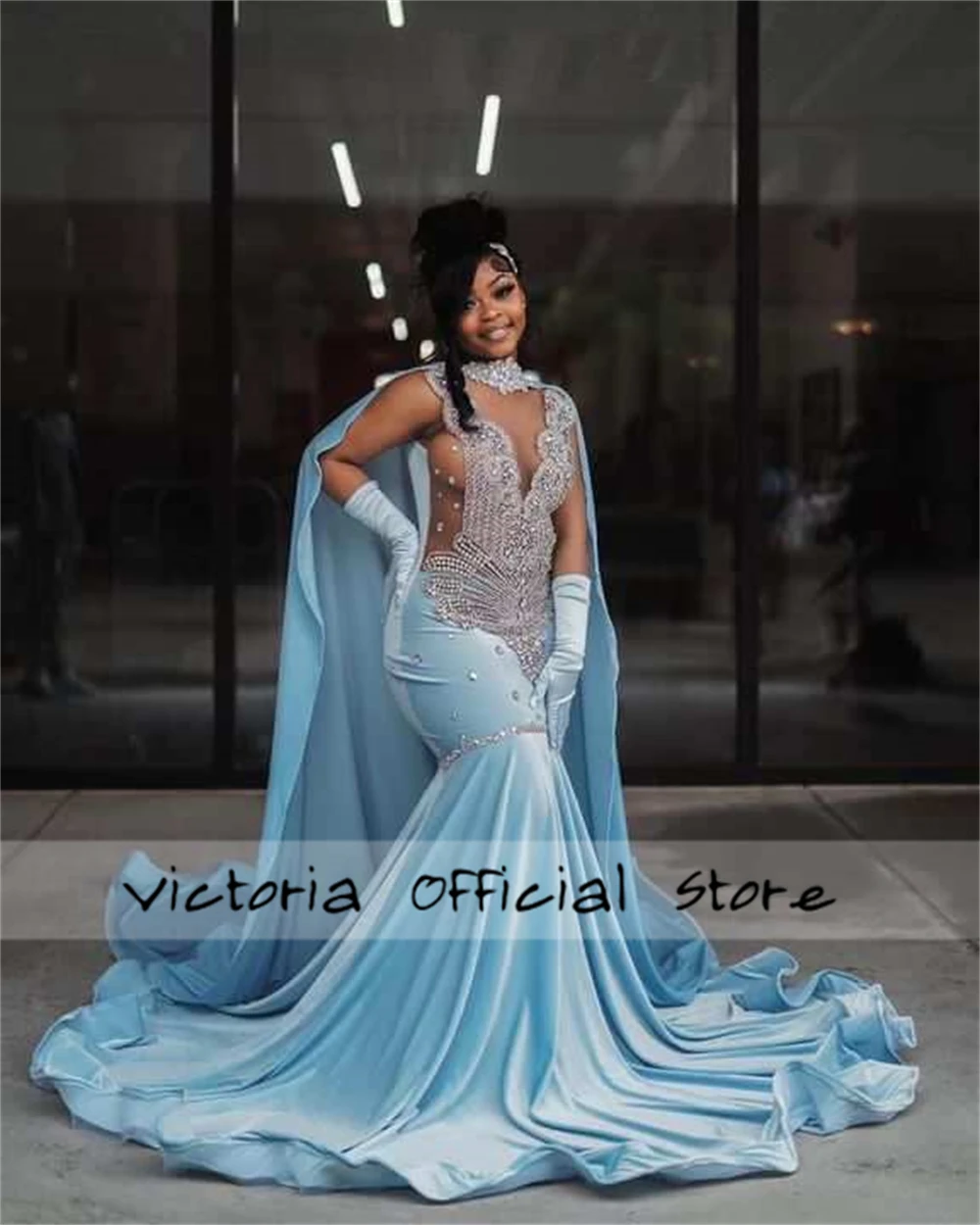 Exquisite Blue Long Mermaid Prom Dresses Silvery Crystal Beading African Wedding Gown With Cape Gloves Birthday Customized