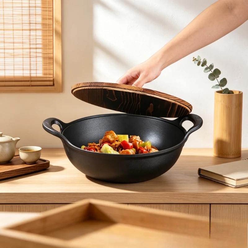 Cast Iron Wok with Lid Deep Double Ear Pot Non Toxic Cookware Set for Kitchen Stovetop Oven Safe Durable Heavy Duty Multipurpose