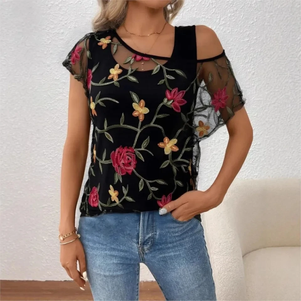 

Summer Printed Lace 2-piece T-shirt For Women's Short-sleeved Tops Fashion Casual Loose O Neck Knitted Tops Female 2025