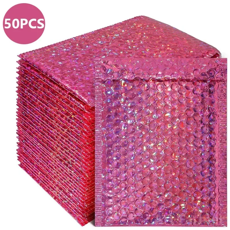 New 50Pcs/Pack Laser Rose Red Packaging Shipping Bubble Mailer Gold Foil Plastic Padded Envelopes Gift Bag Mailing Envelope Bag
