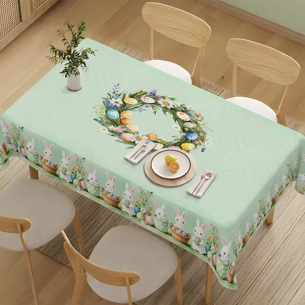 Easter Bunny Egg Printed Tablecloth Home Party Decor Reusable Spring Floral Garland Kitchen Dining Table Cloth Easter Decoration