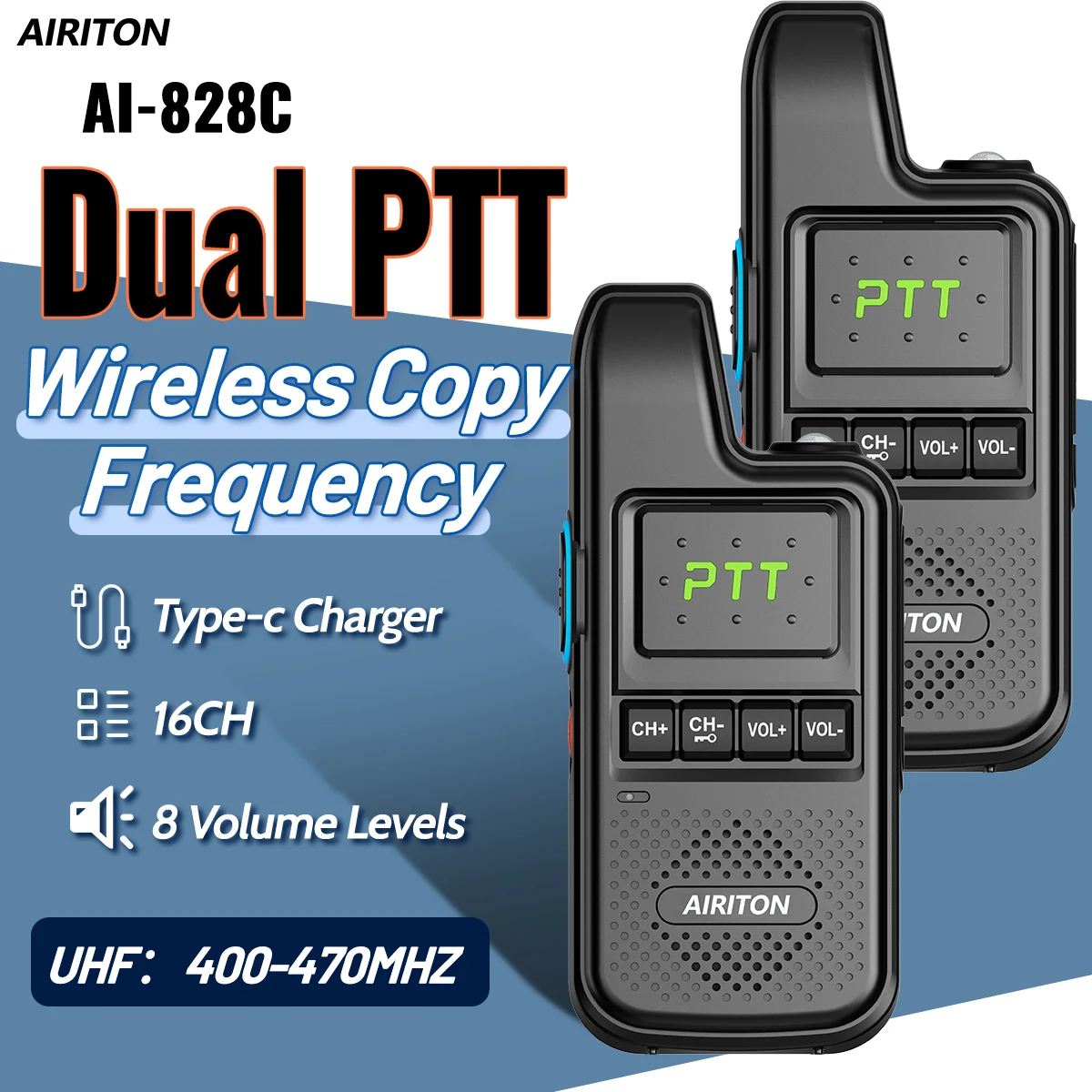 1/2PCS AI-828C Walkie Talkie Dual PTT Clear Voice Report Type-C Charger 8 Volume Adjustable Levels Long Range Portable Radio