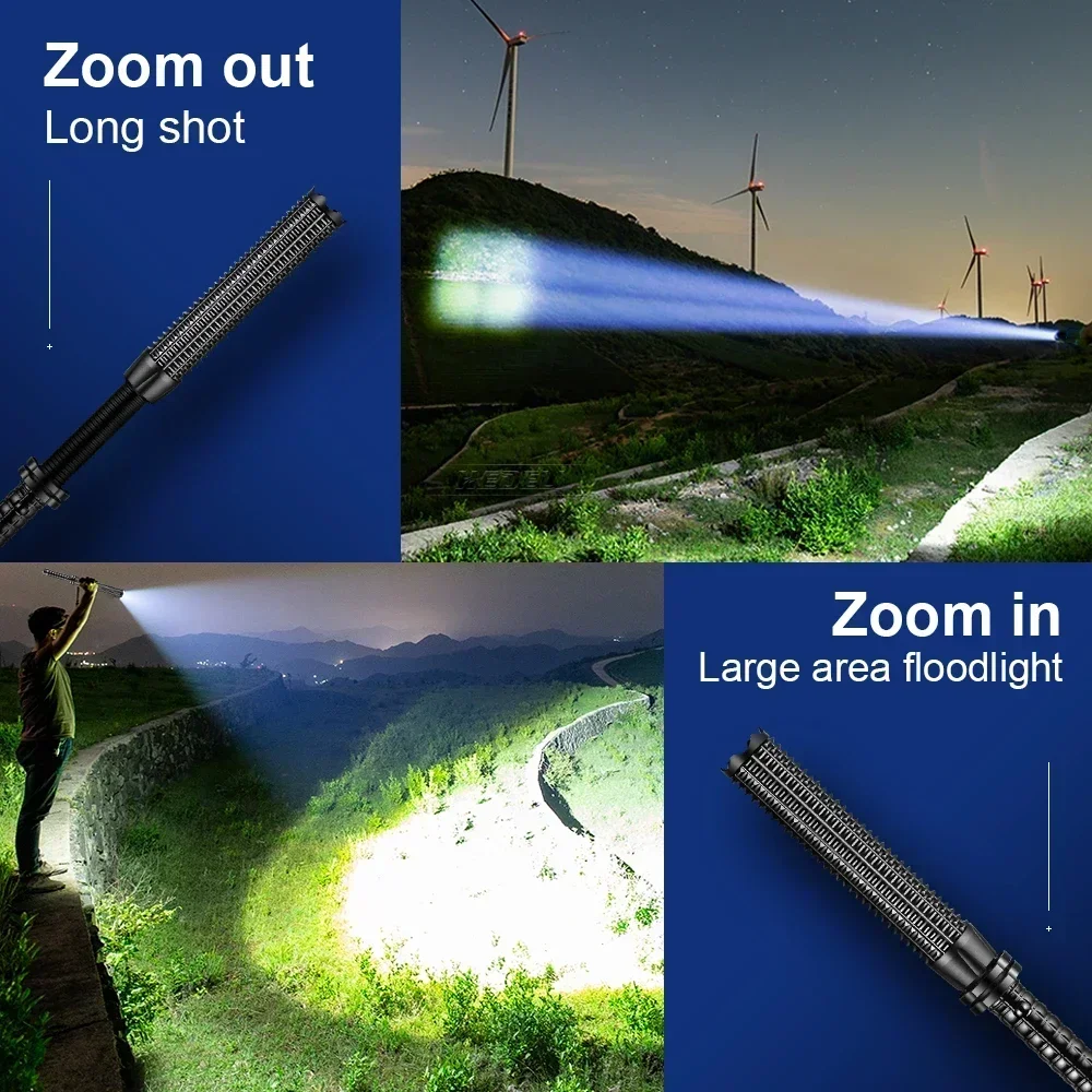 Telescopic Zoom Flashlight Self Defense Powerful XHP120 LED Tactical Baseball Bat Flashlight Torch Rechargeable Lantern