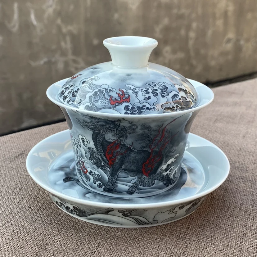 Handmade Jingdezhen Ink Color KIRIN Antique Mud Horseshoe Gaiwan Tea Drinking Cup Single Kung Fu Set Brewing Bowl with Lid