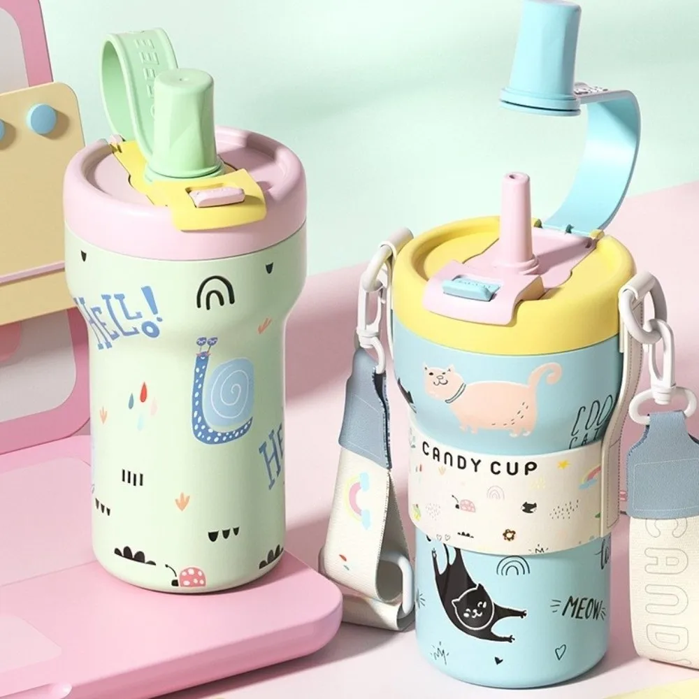 

650ML Stainless Steel Cup Double-drinking Straw Ceramic Inner Liner Vacuum Cup Cartoon Cat Rabbit Pattern Thermos Cup