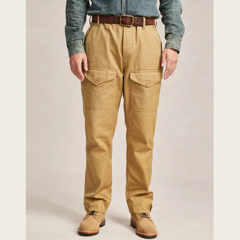 100% Cotton Washed Casual Jungle Pants for Men American Retro Straight-Leg Cargo Pants Ripstop Heavyweight Workwear Trousers