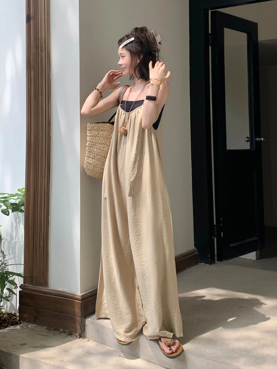 

Retro Chic Casual One-Piece Rer with Strap Women's Summer Cool Copper Ammonia Silk Wide Leg Pants High Waist Long Pants