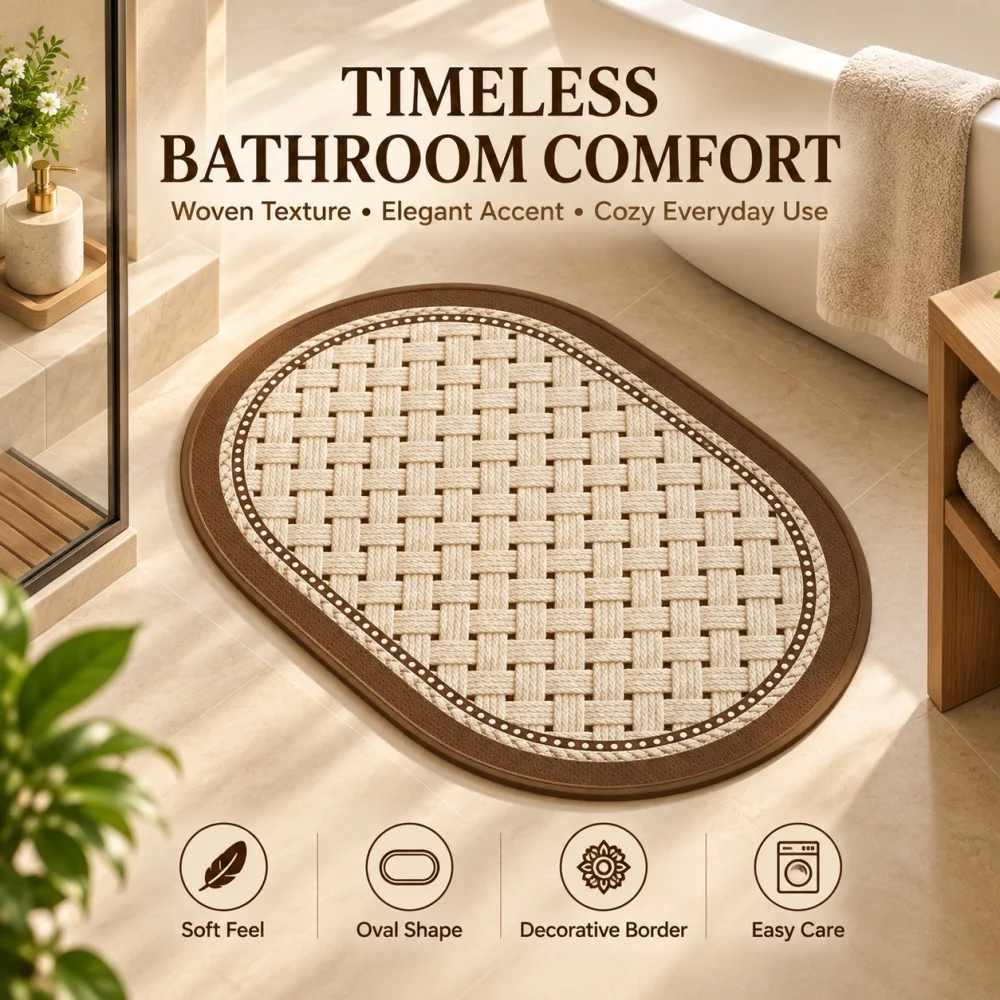 Artificial linen, wear-resistant and slip-proof floor mat, wabi-sabi style, oval-shaped mat.