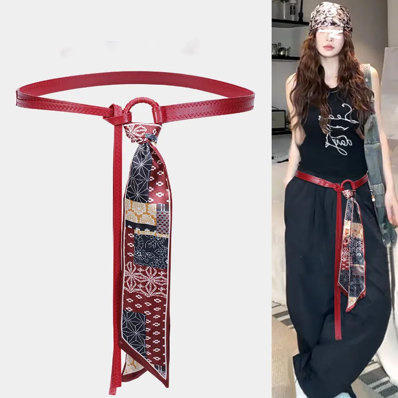

Red Punk Scarf Belt Women - Detachable Chain Accessory for Grunge Jeans Style