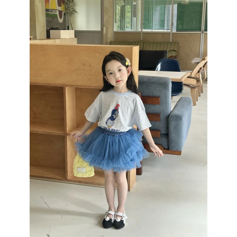 

2025Summer New Girls' Striped Set Children's Cartoon Short SleeveTT-shirt+Sheer Puffy Skirt Two-Piece Set