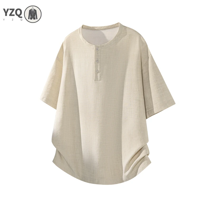 Mens Oversized Loose Short Sleeve Top Mandarin Henley Collar Linen Blend T‑Shirt For Outdoor Walking Shopping Daily Relax Outfit view 4