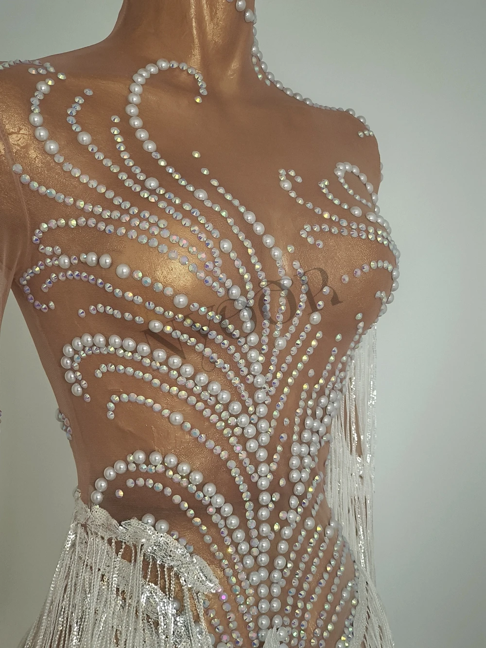 Strass scintillanti Paillettes Frange Compleanno Festeggia Abito da sera Donna Maglia sexy Trasparente Costume da ballo Servizio fotografico