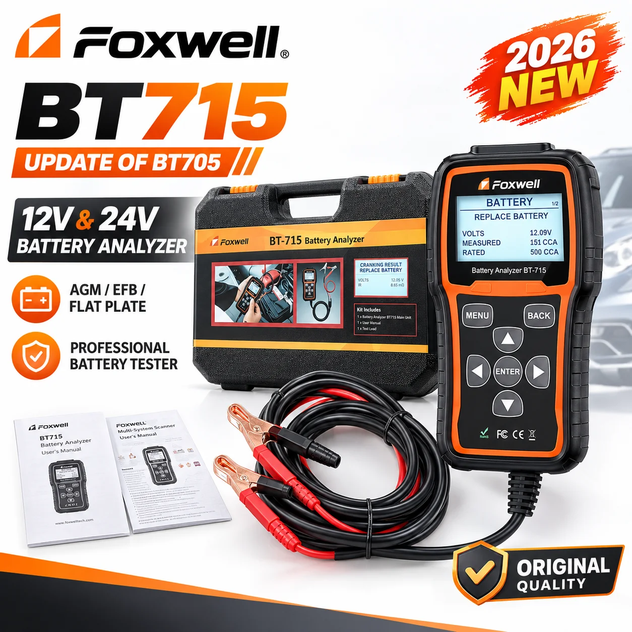 Foxwell BT715 Plus Car Battery Tester 12V 24V Diagnostic Tool Cranking Charging System AGM EFB GEL Heavy Truck Update of BT705