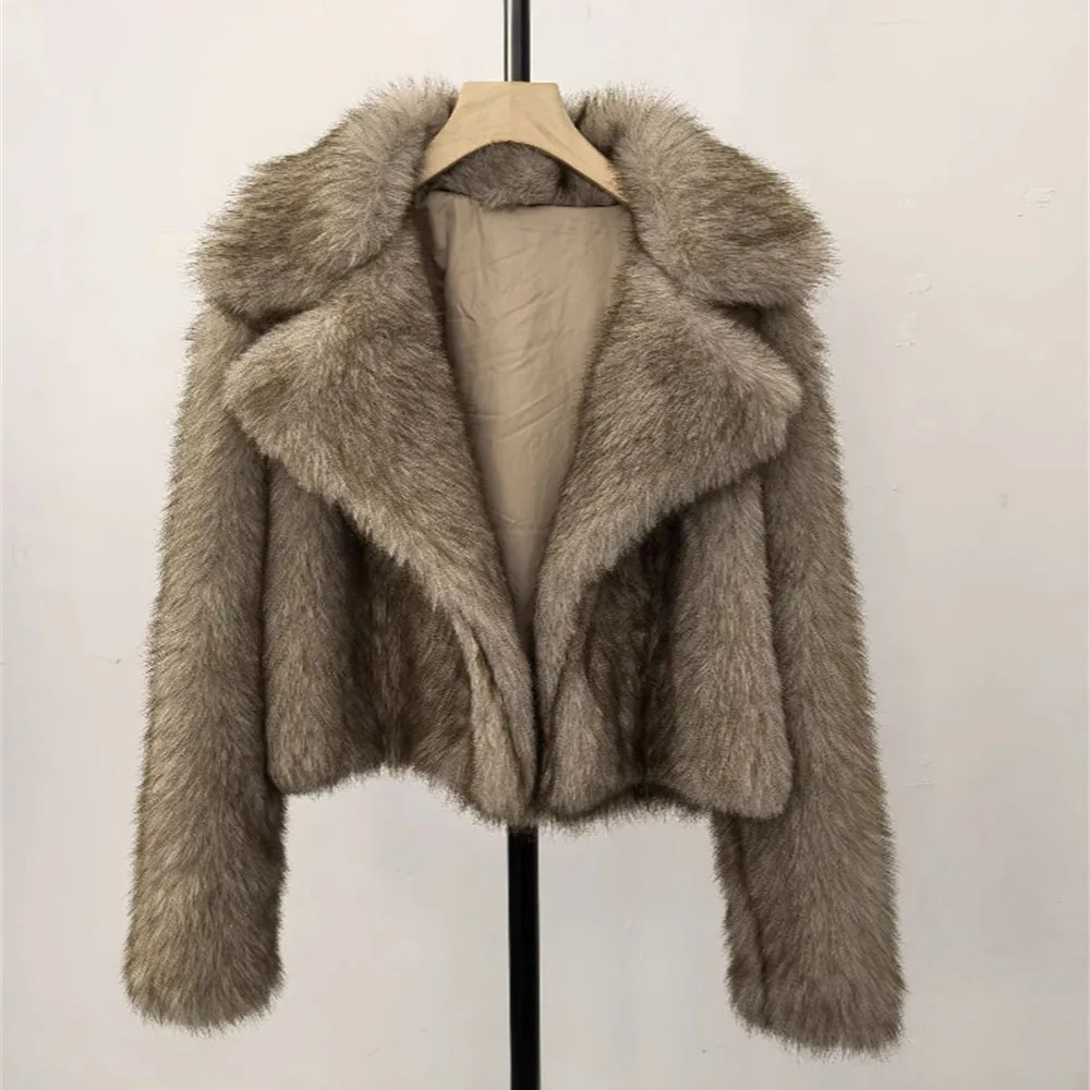 Abrigo de piel de zorro sintética esponjoso, chaqueta de invierno para mujer, moda novedosa, abrigo de piel sintética con gradiente de gran tamaño, ropa de mujer, prendas de vestir exteriores gruesas y cálidas