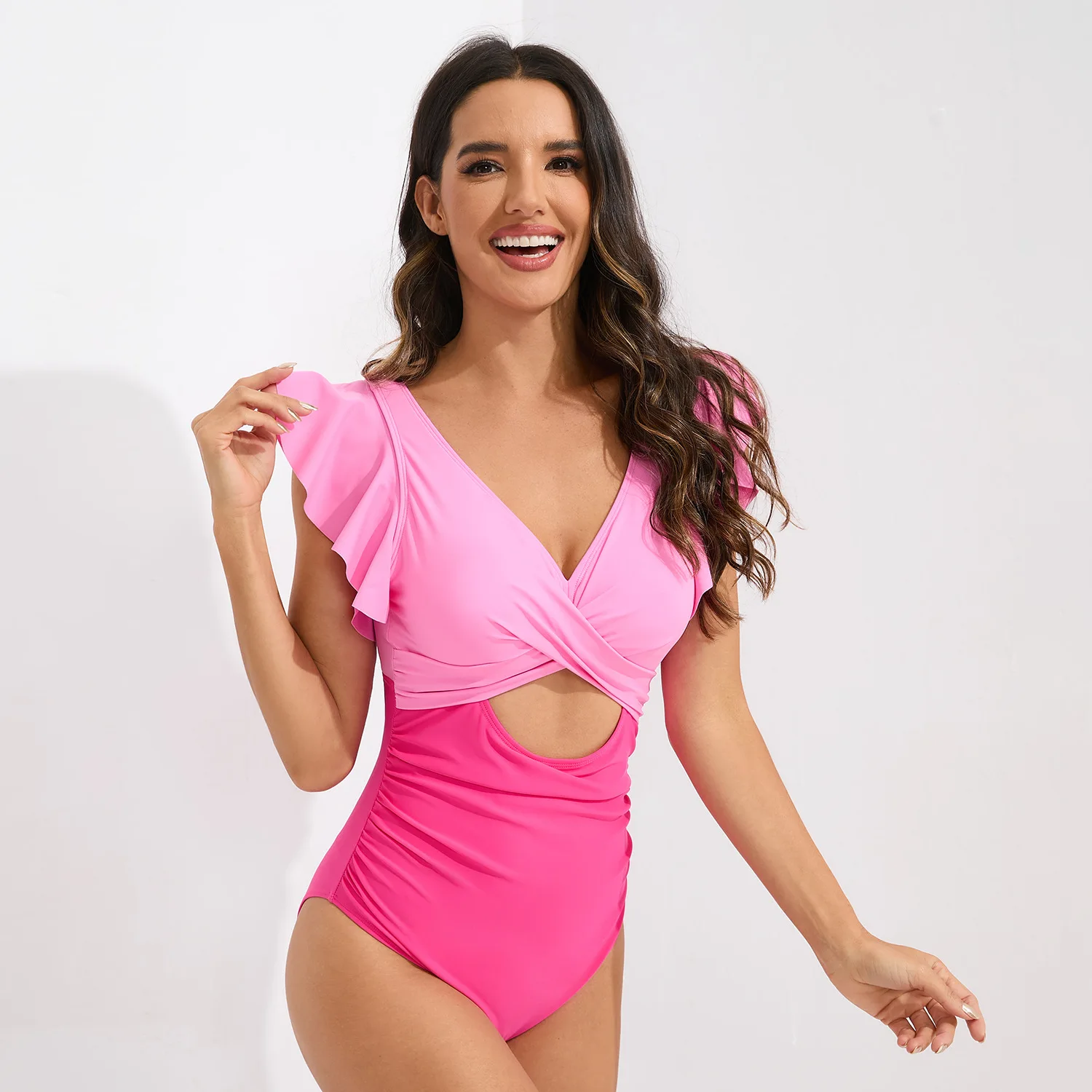 Traje de baño con volantes, traje de baño conservador de una pieza, pecho cruzado, hueco, traje de baño europeo y americano, bloqueado de color, sin espalda sw