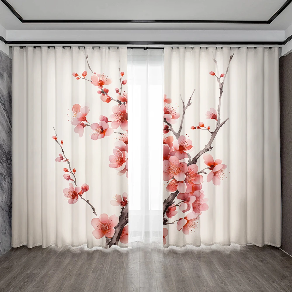 2PC Home Decoration Curtains, A Bouquet Of Plum Blossom With Rod Pocket Curtains, Kitchen, Coffee Shop,Living Room, Balcony