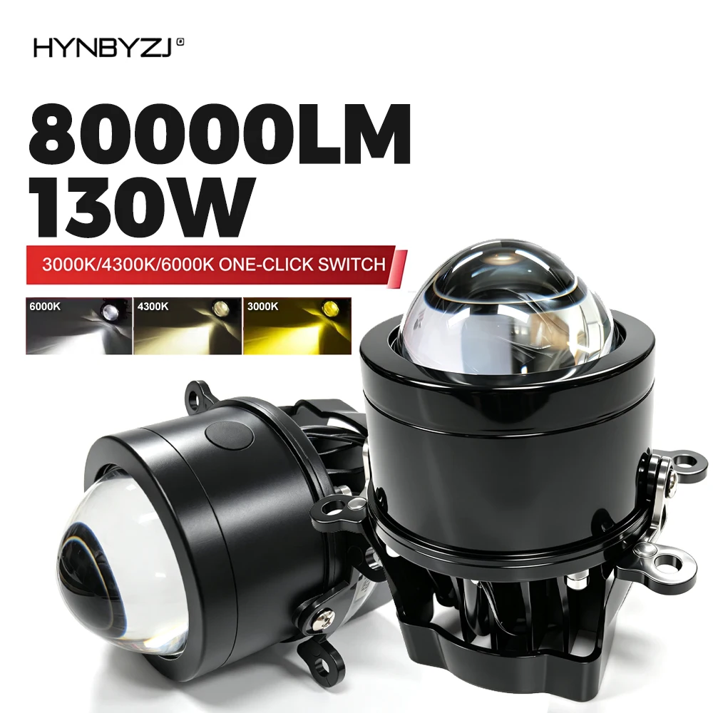 3Inch Projector Lenses Fog LED Light 130W 80000LM Tricolor 4300K 3000K 6000K LED Fog Lights For Honda/Ford 12V CSP Chip Headlamp