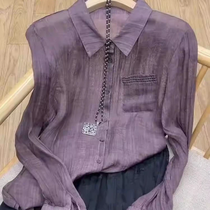 

Unique and Chic Temperament Tencel Cotton Purple Long Sleeved Shirt Women's Ice Silk Top