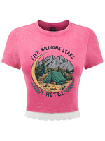 Five Billions Stars Hotel Print Cotton Crop Tops Womens Summer Lace Hem Washed T-Shirts O-Neck Distressed Tees Casual Clothes