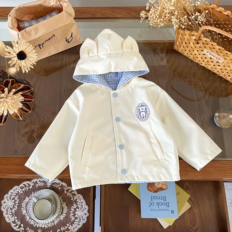 

Autumn Infant Baby Girls Coat Hooded Long Sleeved Pocket Toddler Girls Baby Coat Single Button Cartoon Print Children Girls Coat
