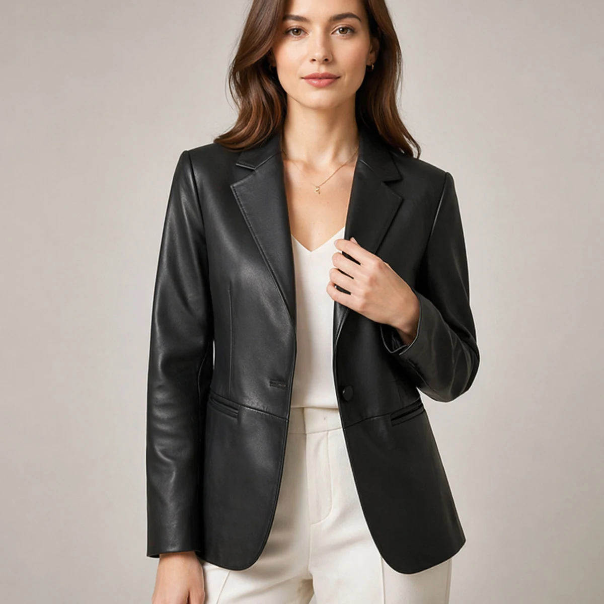 

100% Genuine Leather Women's A-level Sheepskin Blazer Jacket Fashion Lapel One Buttons Slim-fit Lady Long Sleeve Leather Jacket