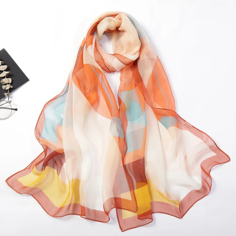 Women Foulard Colorful Geometric Elegant Chiffon Georgette Bandana Scarf Summer Beach Silk Feeling Travel Sun Protection Thin