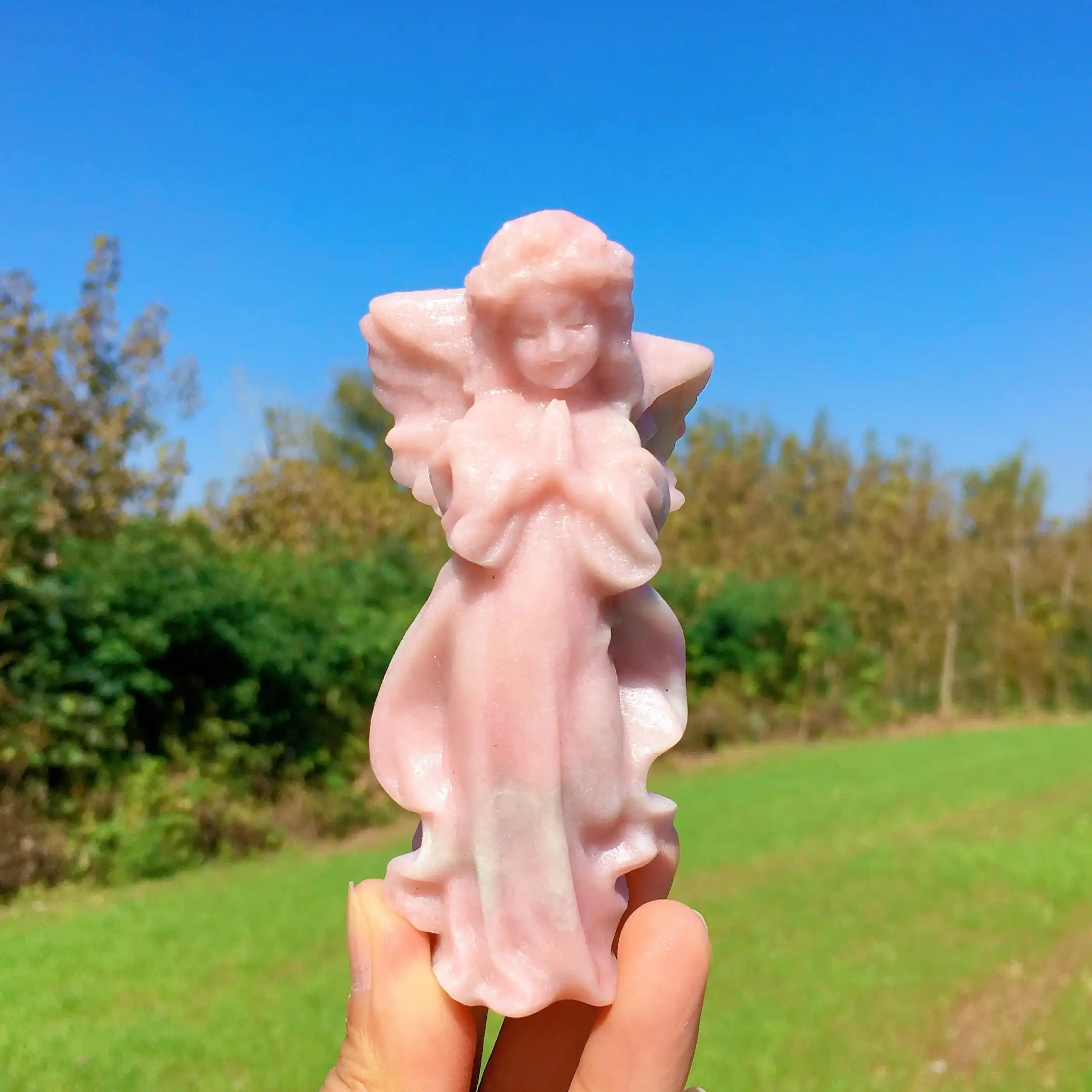 1pc Pink Opal/ Rose Quartz Hand Carved Angel- Ideal for Home Decor & Unique Holidays Gift
